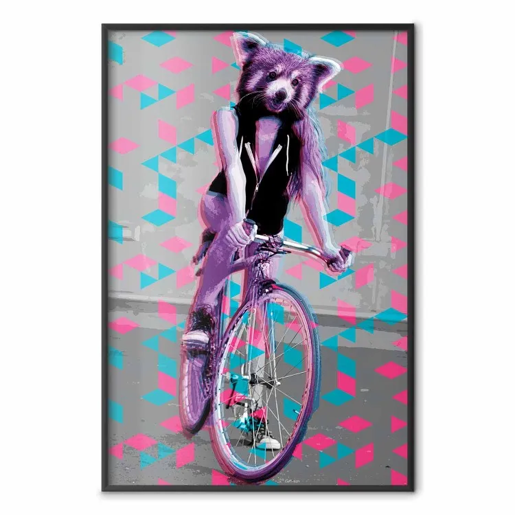 Femme singe à vélo - abstraction géométrique avec motif animal
