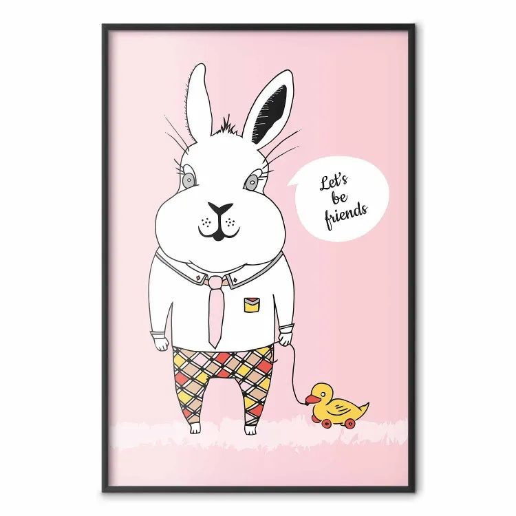Ami du lapin - personnage de lapin tenant un canard sur fond rose