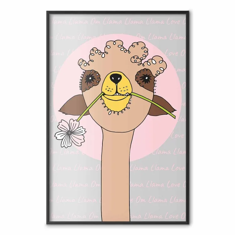 Lama joyeux - animal brun avec fleur sur fond artistique coloré