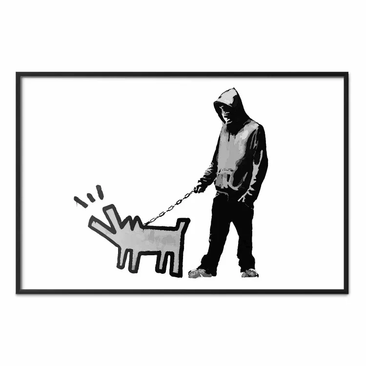 Art canin - personnage noir et blanc tenant chien en style Banksy