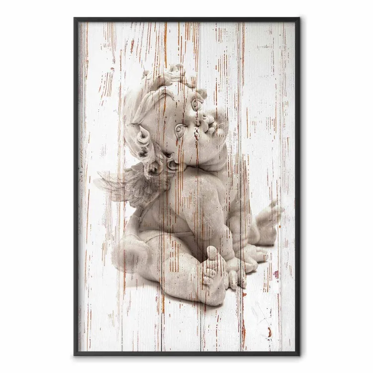 Amour pensif - statue d'ange sur texture bois