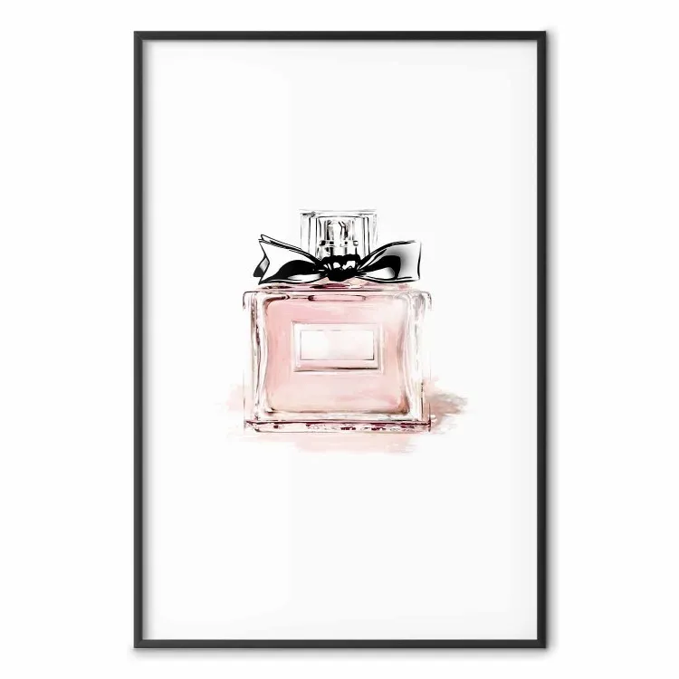 Parfums - flacon rose avec ruban noir sur pastel