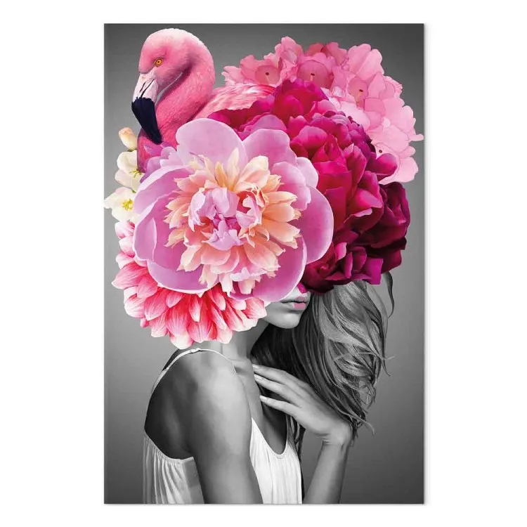Fille Flamant (1 partie) vertical - femme avec oiseau et pivoine