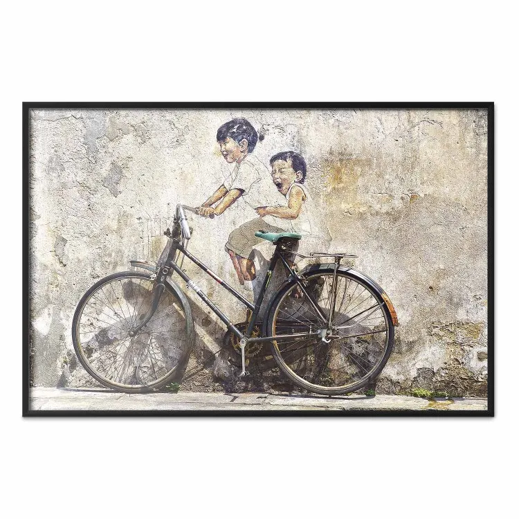Insouciance - vélo noir rétro sur un mur peint d'enfants