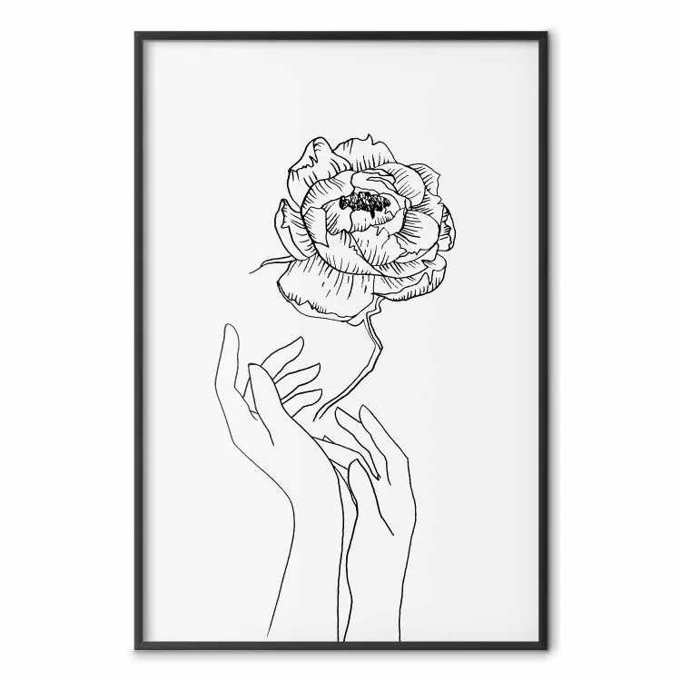 Fleur délicate - line art de fleurs et de mains, fond blanc contrasté