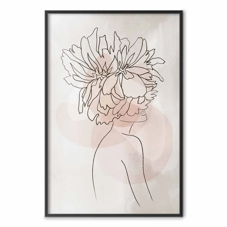 Féminité - art linéaire boho femme avec tête de fleurs touche rose