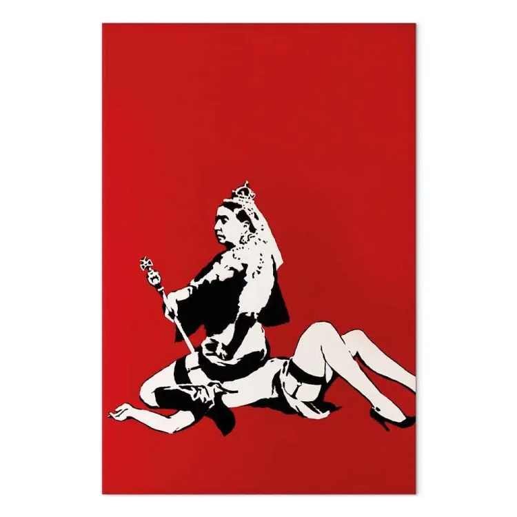 Reine de Banksy - une oeuvre inspirée du street art sur fond rouge