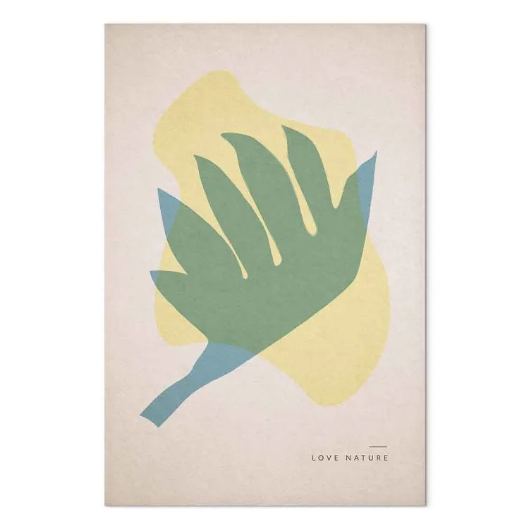 Aimer la nature - une abstraction pastel dans le style scandinave avec une feuille évoquant un oiseau en vol et avec un texte en anglais