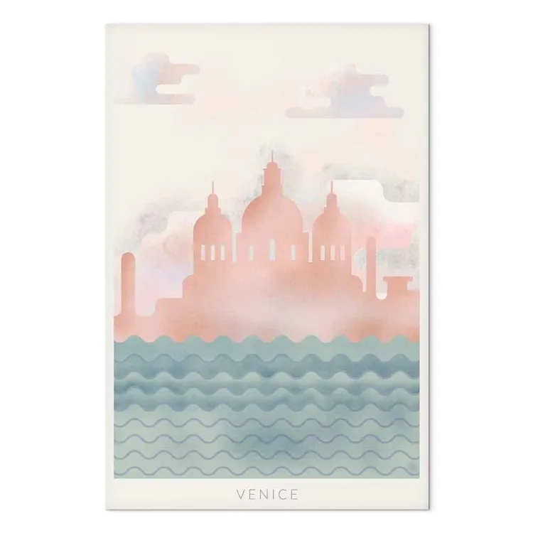 Venise sur les vagues - un dessin animé du centre-ville, rose et bleu