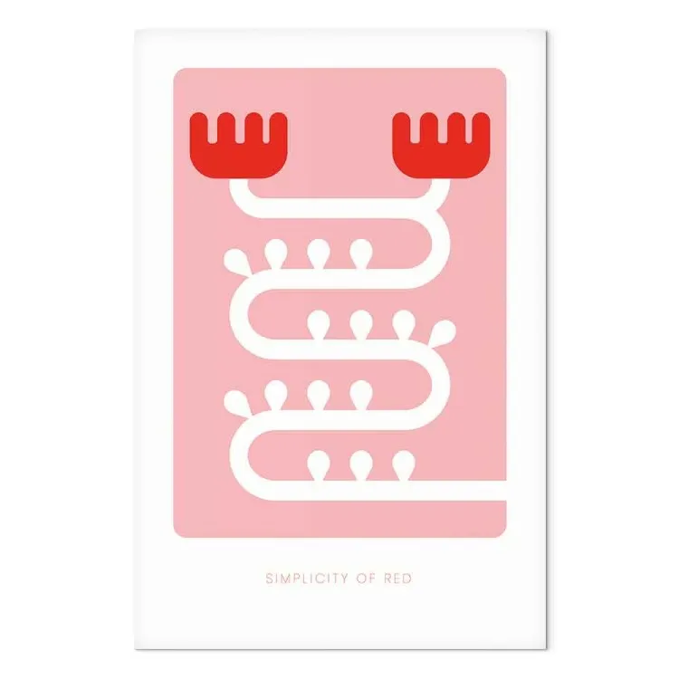Arabesque rouge avec un texte La simplicité du rouge - abstraction avec éléments blancs, rouges et pastel et le texte en anglais Simplicity of red