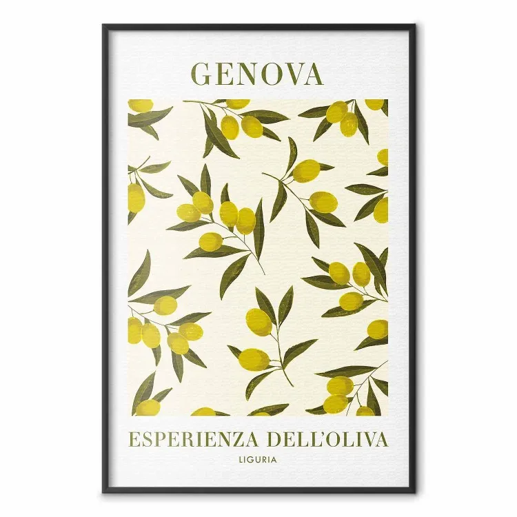 Olives de Ligurie - composition simple d'olives et texte en italien