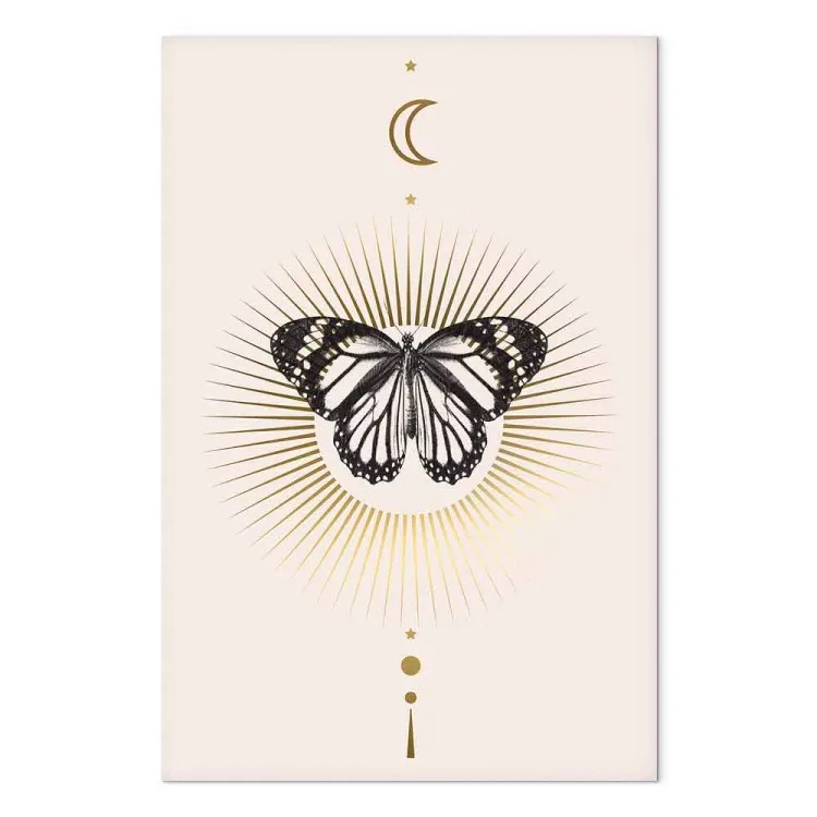 Un papillon noir et blanc - un papillon, le soleil, la lune et les planètes du système solaire sur un fond couleur perle dans le style scandiboho