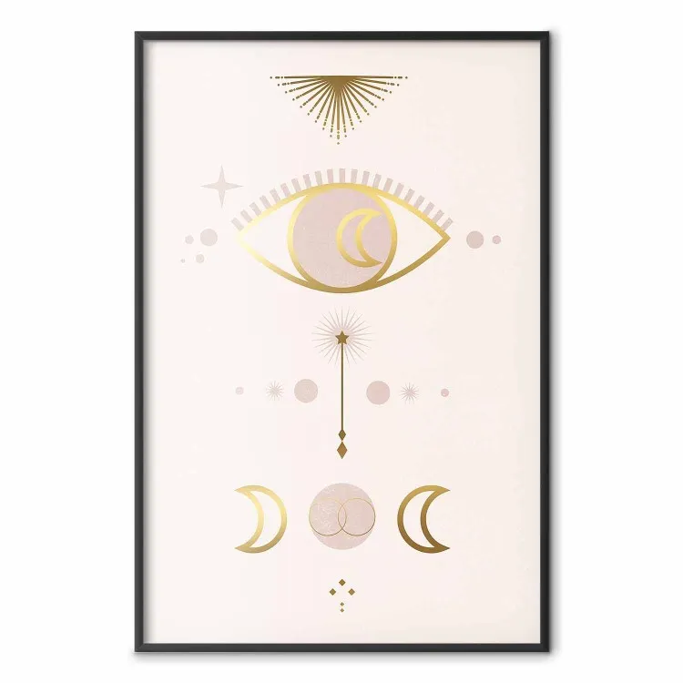 Astrologie - vision artistique dorée avec lunes et œil sur fond clair