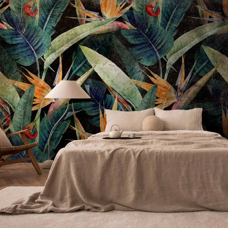 Paysage végétal - feuilles de jungle exotique avec des fleurs