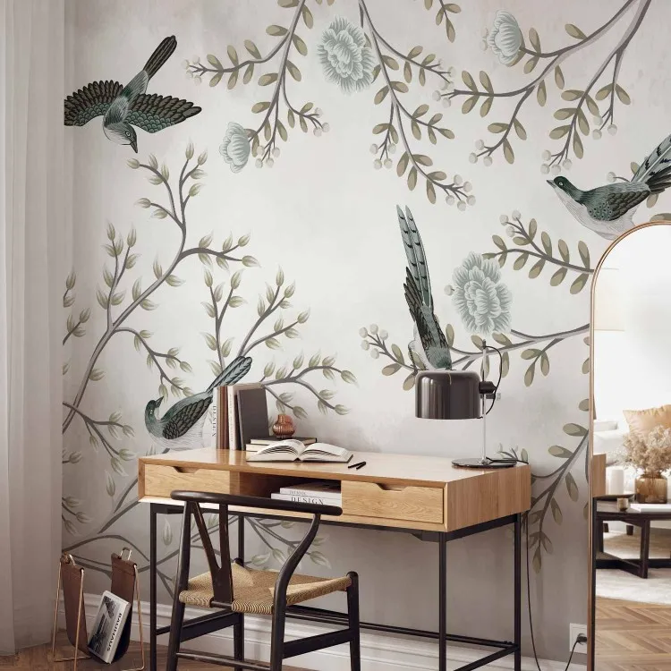 Oiseaux dans le jardin - paysage minimaliste avec des feuilles