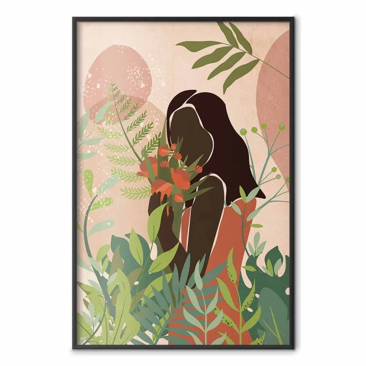 Femme dans le jardin - femme parmi les plantes sur fond abstrait