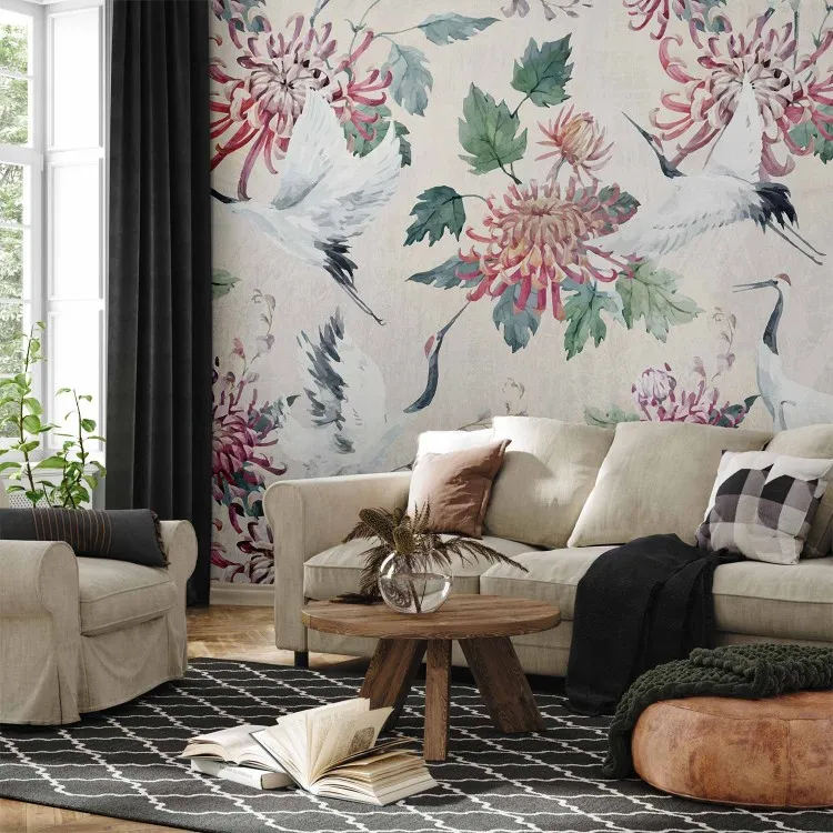 Composition orientale - motif de grues avec des fleurs et des feuilles