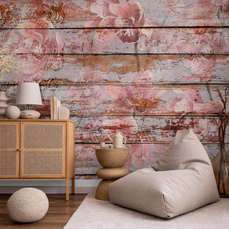 Orchidées peintes - motif floral sur fond de vieilles planches en bois