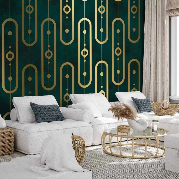 Art déco - abstraction avec motif de chaîne dorée sur fond turquoise