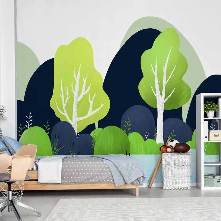 Paysage pour enfants - nature bleue et verte avec motif de montagne
