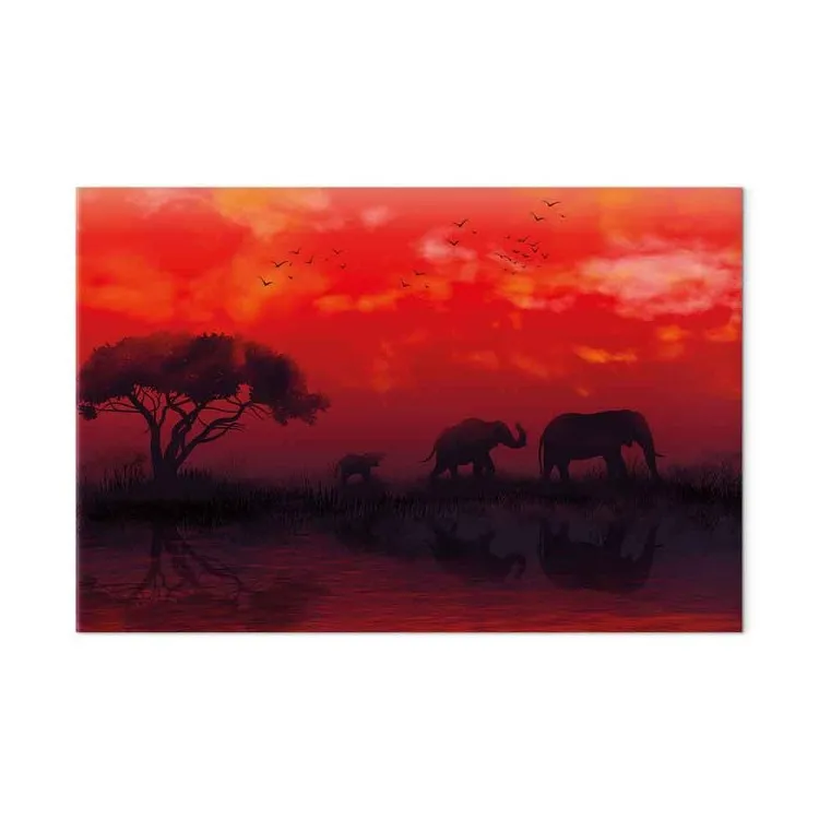 Paysage africain (1 partie) large - Éléphants et ciel rouge