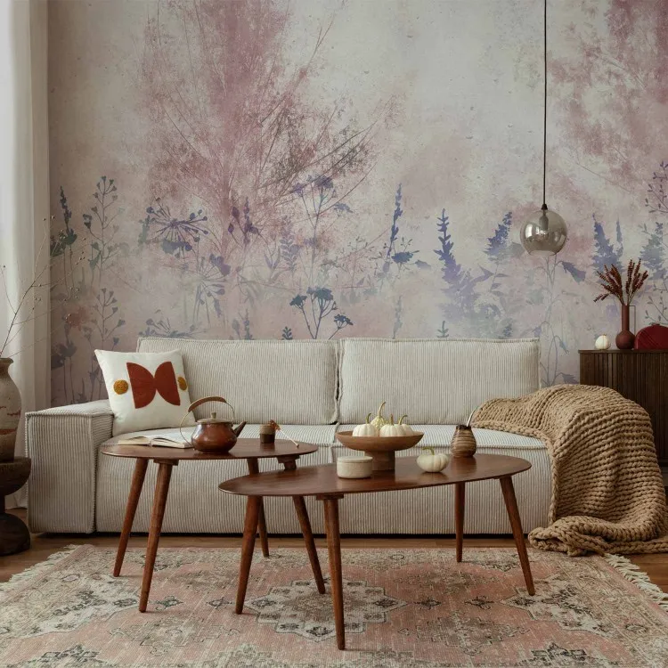 Aube rose - paysage de plantes délicates en gris-bleu