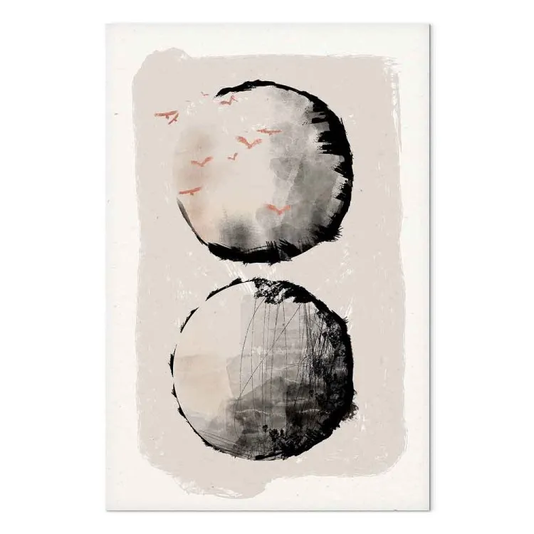 Deux lunes (1 partie) - abstraction avec deux cercles et oiseaux