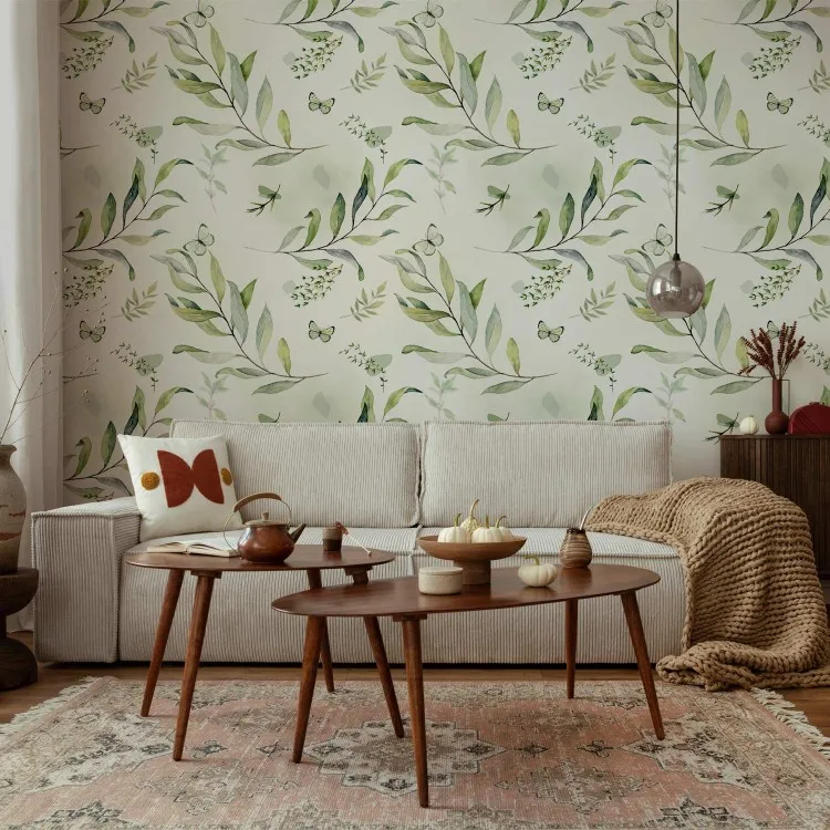 Papillons parmi les feuilles - motif de plantes avec branches vertes
