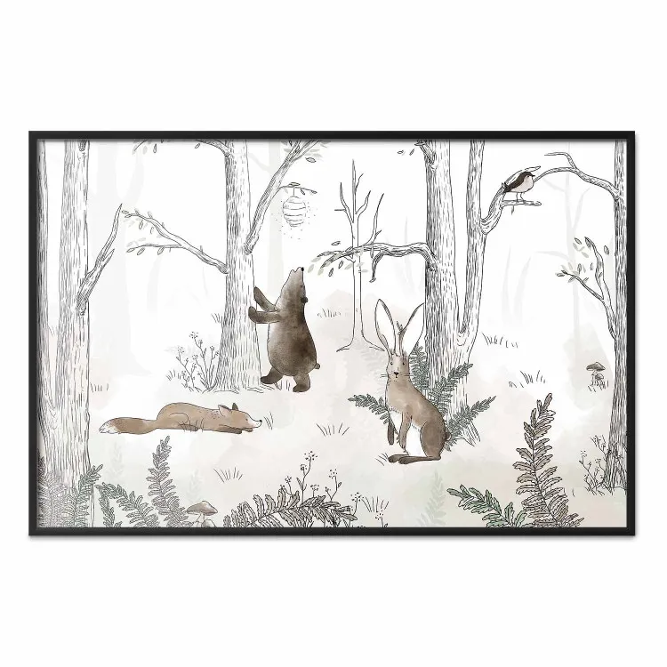 Animaux forestiers - forêt dessinée avec fougères aquarelles