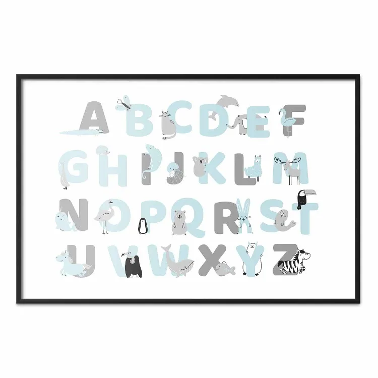 Alphabet anglais pour enfants - lettres gris bleu avec animaux
