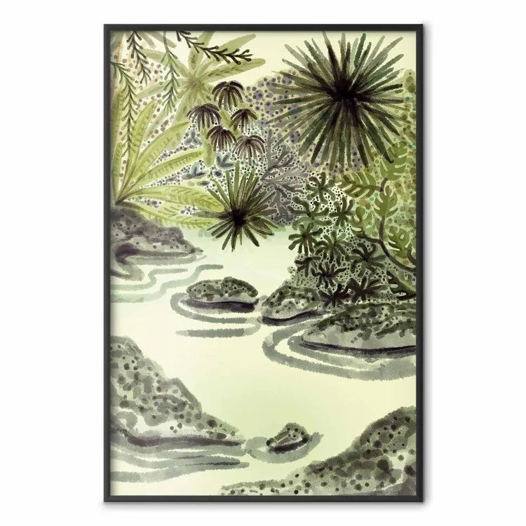 Lac tropical - paysage aquarelle aux nuances de vert