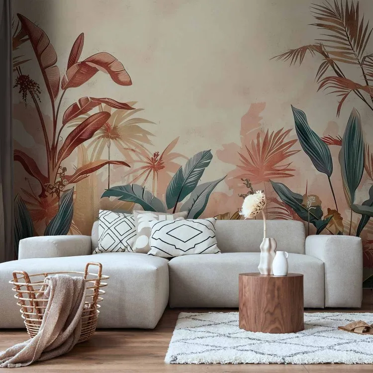 Feuilles tropicales - plantes sur fond de couleur terre cuite