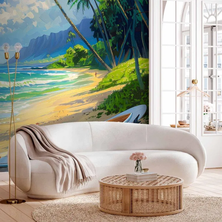 Plage tropicale - vagues, palmiers et planche de surf