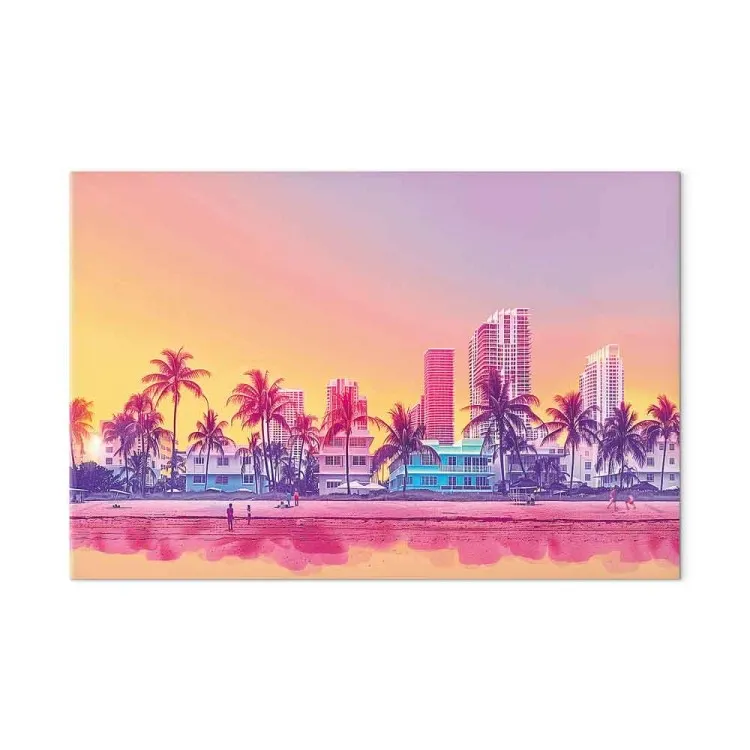 Neon Beach - Bâtiments colorés et palmiers au coucher du soleil