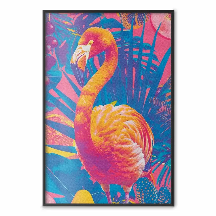 Oiseau exotique - flamant coloré et plantes tropicales