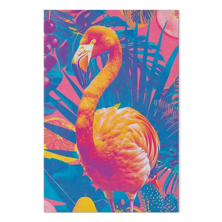 Flamant coloré - oiseau exotique avec feuilles et fruits