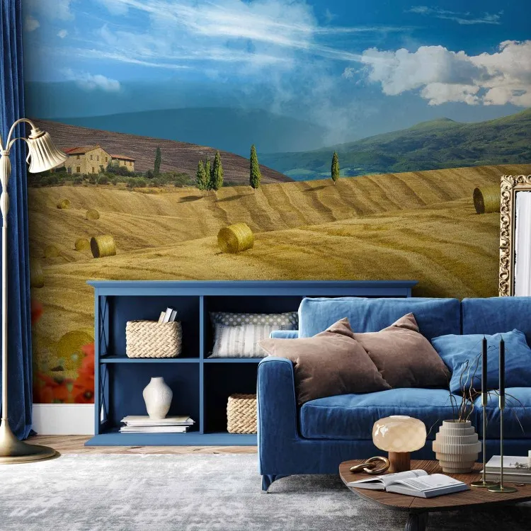Toscane italienne - village avec des arbres sur des prairies dorées