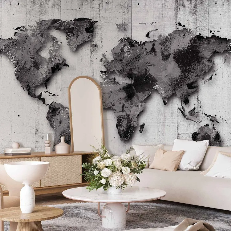 Monde en nuances de gris - carte du monde sur fond en bois rétro