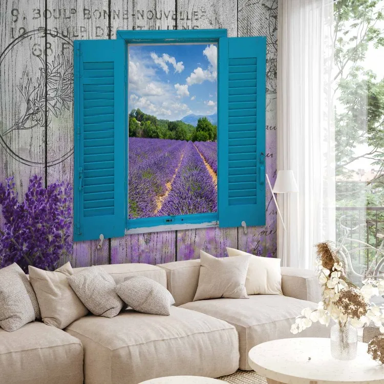 Carte postale de Provence - des motifs provençaux de style rétro, une fenêtre donnant sur un champ de lavande 